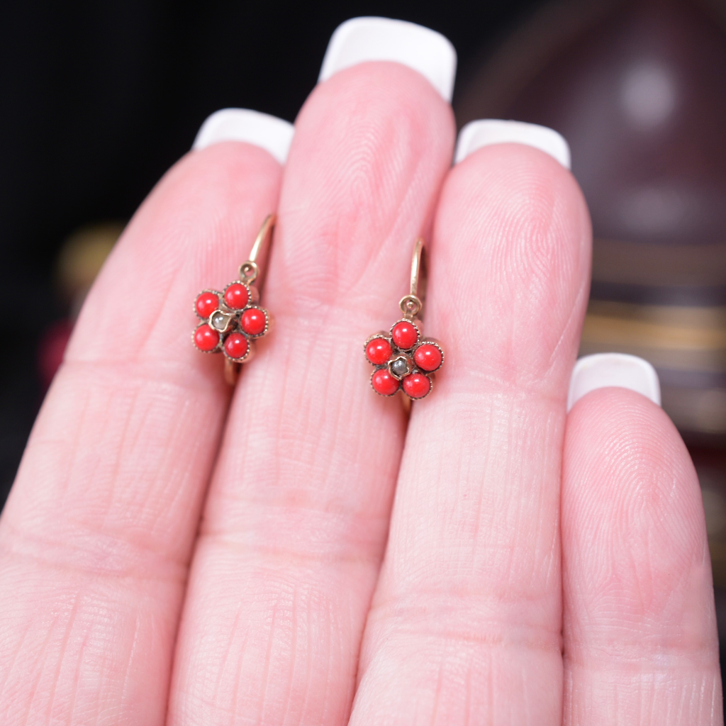 Antique European 12ct Rose Gold Dormeuse Coral And Seed Pearl Earrings Circa 1920’s