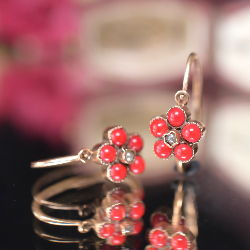 Antique European 12ct Rose Gold Dormeuse Coral And Seed Pearl Earrings Circa 1920’s