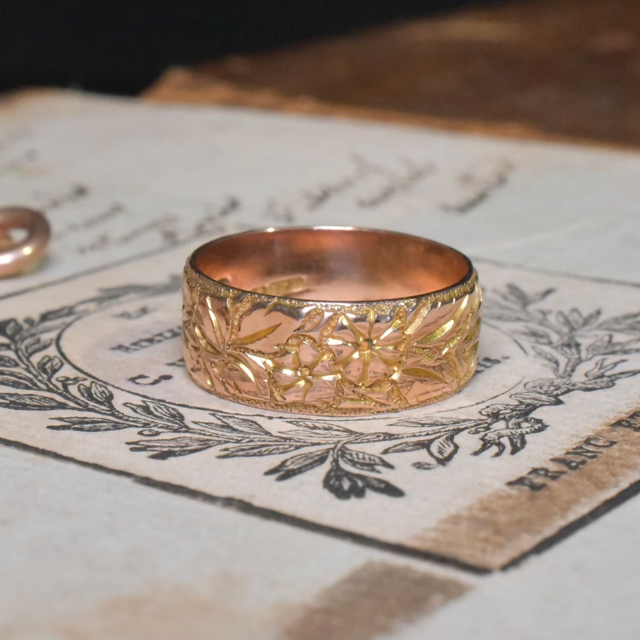 Antique Art Deco Era 9ct Rose Gold Patterned Ring - Birmingham 1916
