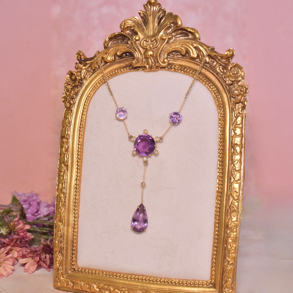 Antique Edwardian Australian 15ct Rose Gold Amethyst And Seed Pearl Lavaliere By William Drummond And Co. Circa 1910
