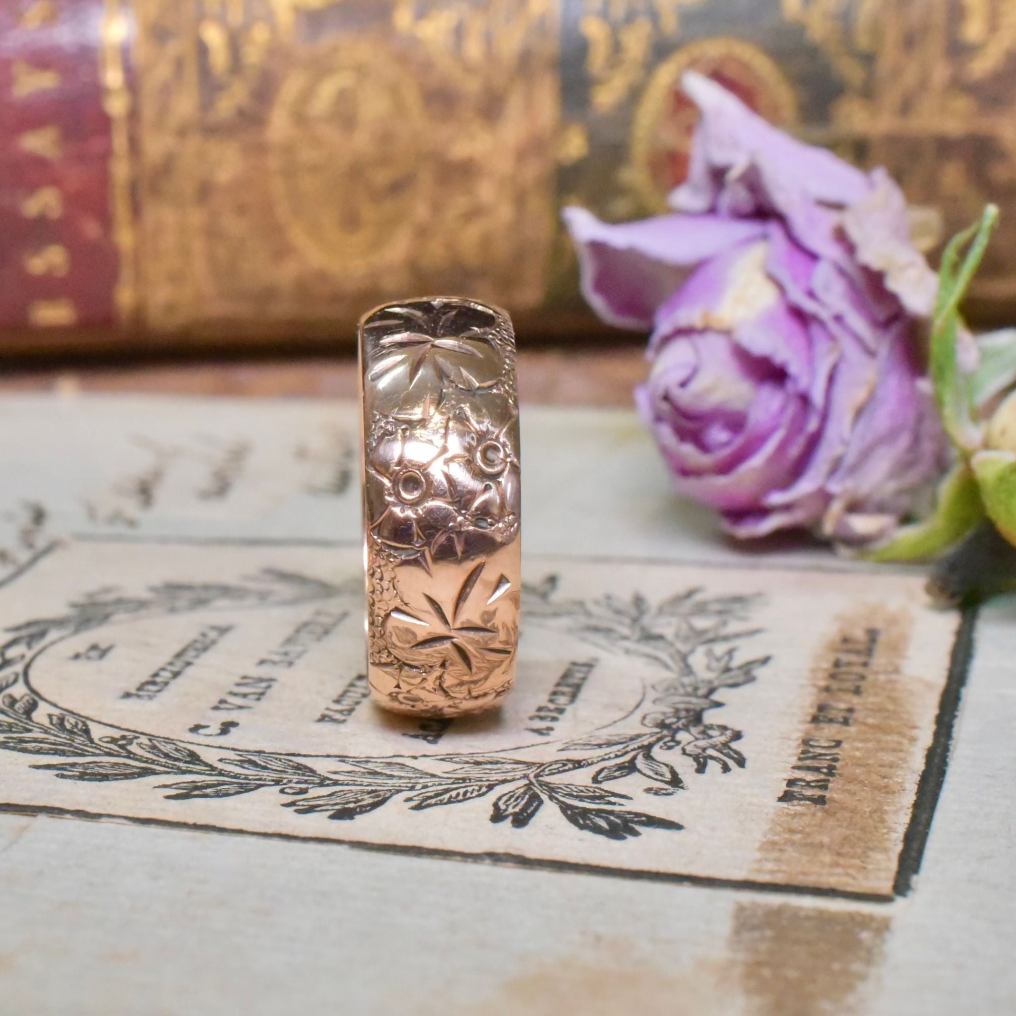 Antique Edwardian 9ct Rose Gold Floral Patterned Band - Chester 1907