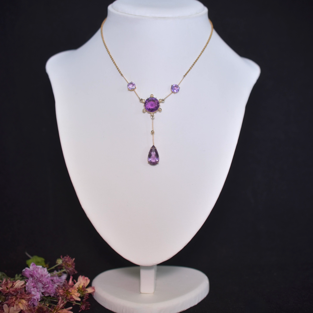 Antique Edwardian Australian 15ct Rose Gold Amethyst And Seed Pearl Lavaliere By William Drummond And Co. Circa 1910