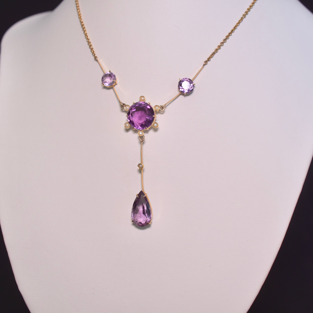Antique Edwardian Australian 15ct Rose Gold Amethyst And Seed Pearl Lavaliere By William Drummond And Co. Circa 1910