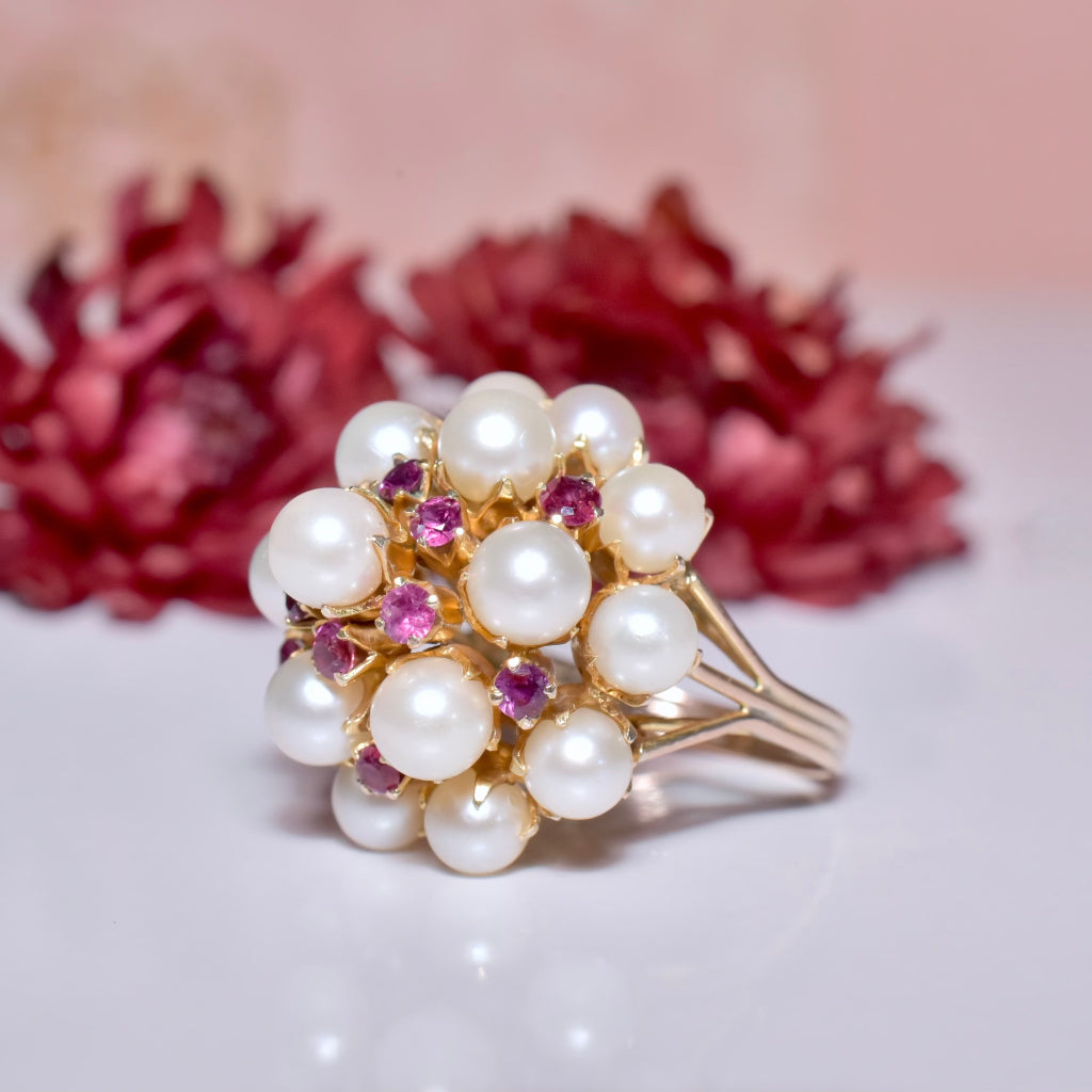 Vintage Mid-Century 14ct Rose Gold Pearl And Rubellite Tourmaline Cocktail Ring Circa 1960’s