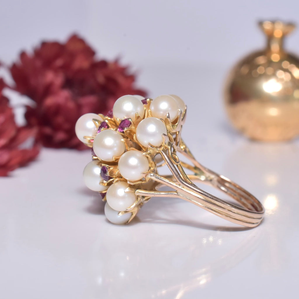 Vintage Mid-Century 14ct Rose Gold Pearl And Rubellite Tourmaline Cocktail Ring Circa 1960’s