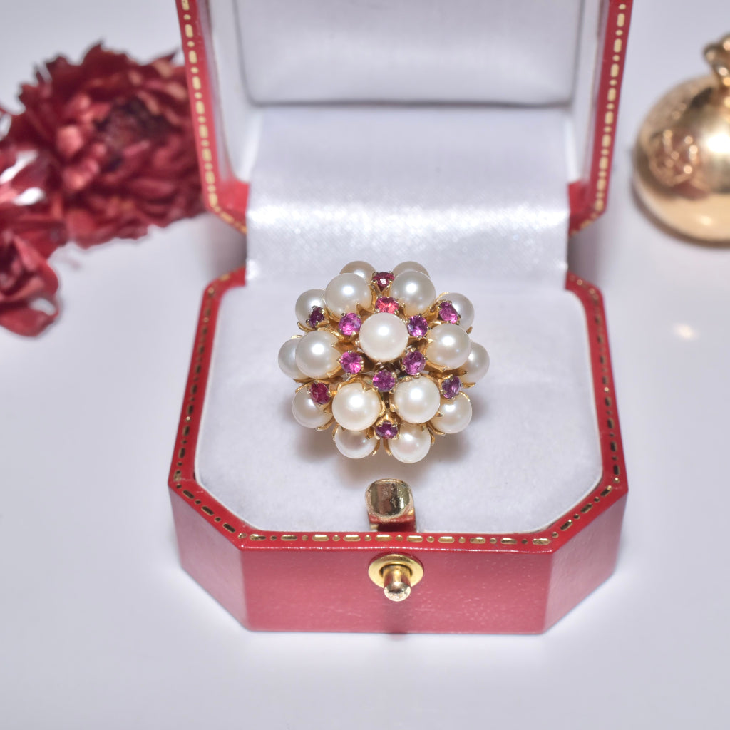 Vintage Mid-Century 14ct Rose Gold Pearl And Rubellite Tourmaline Cocktail Ring Circa 1960’s