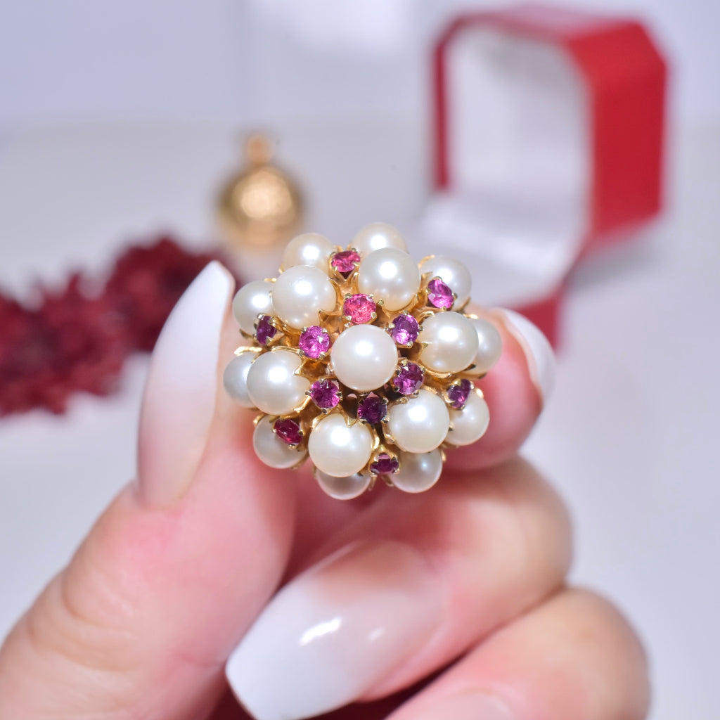 Vintage Mid-Century 14ct Rose Gold Pearl And Rubellite Tourmaline Cocktail Ring Circa 1960’s