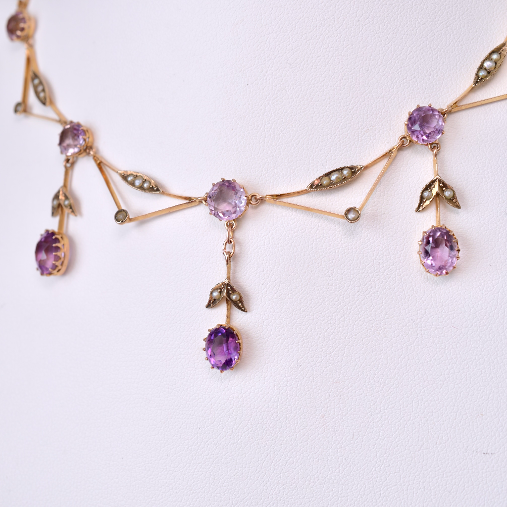 Antique Edwardian 9ct Rose Gold Amethyst Pearl Fringe Necklace Circa 1910