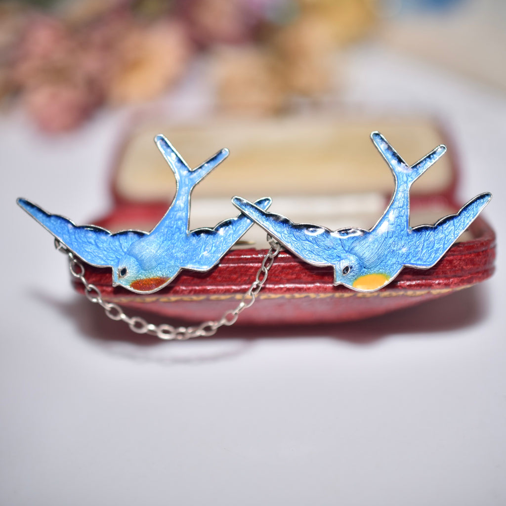 Vintage Australian Silver And Enamel Double ‘BlueBird Of Happiness’ Brooch Circa 1950-70’s