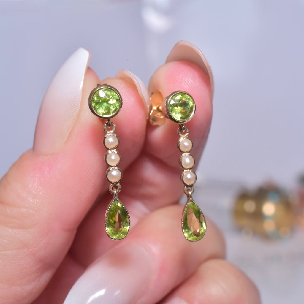 Antique Edwardian 9ct Rose Gold Peridot And Half Seed Pearl Earrings Circa 1910’s