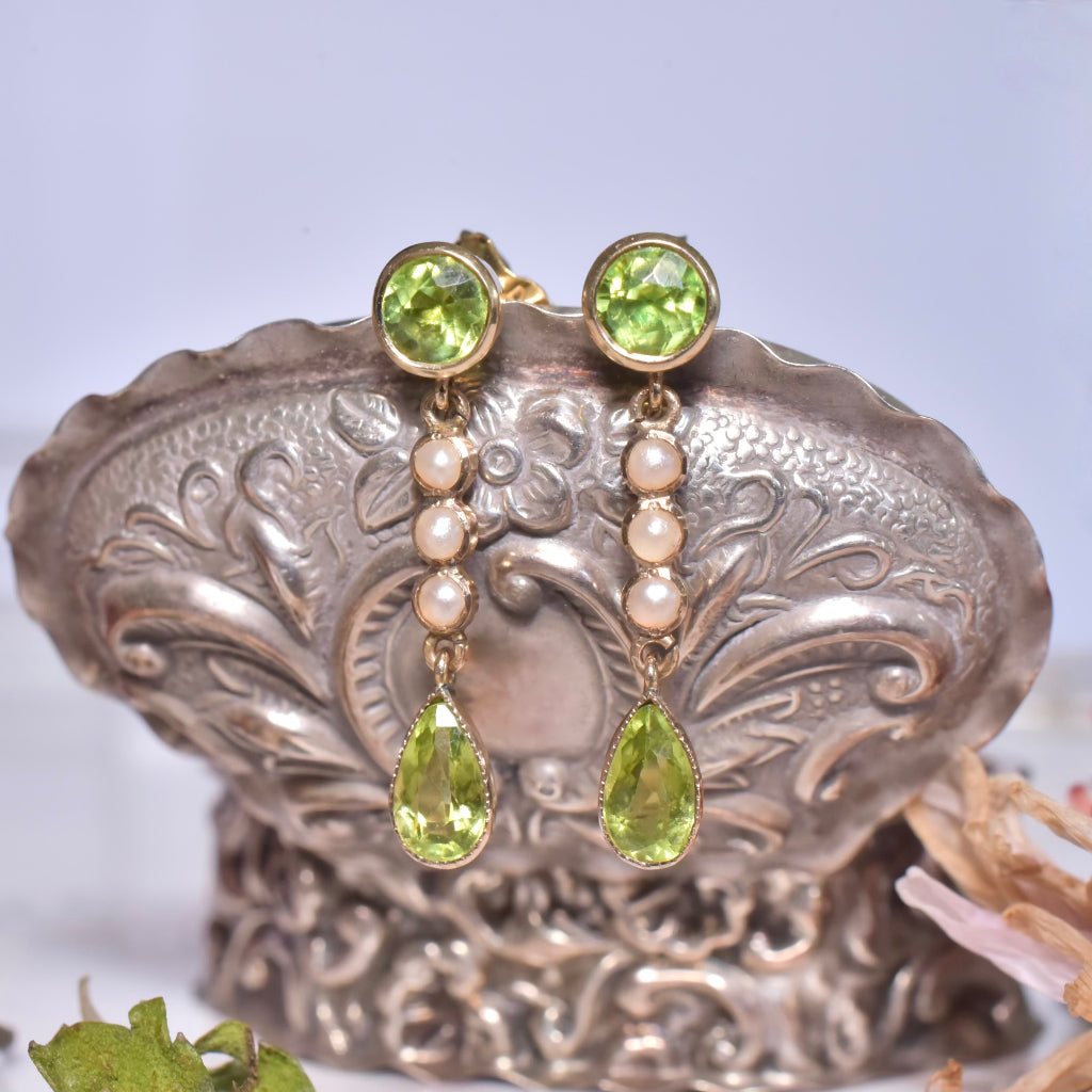 Antique Edwardian 9ct Rose Gold Peridot And Half Seed Pearl Earrings Circa 1910’s
