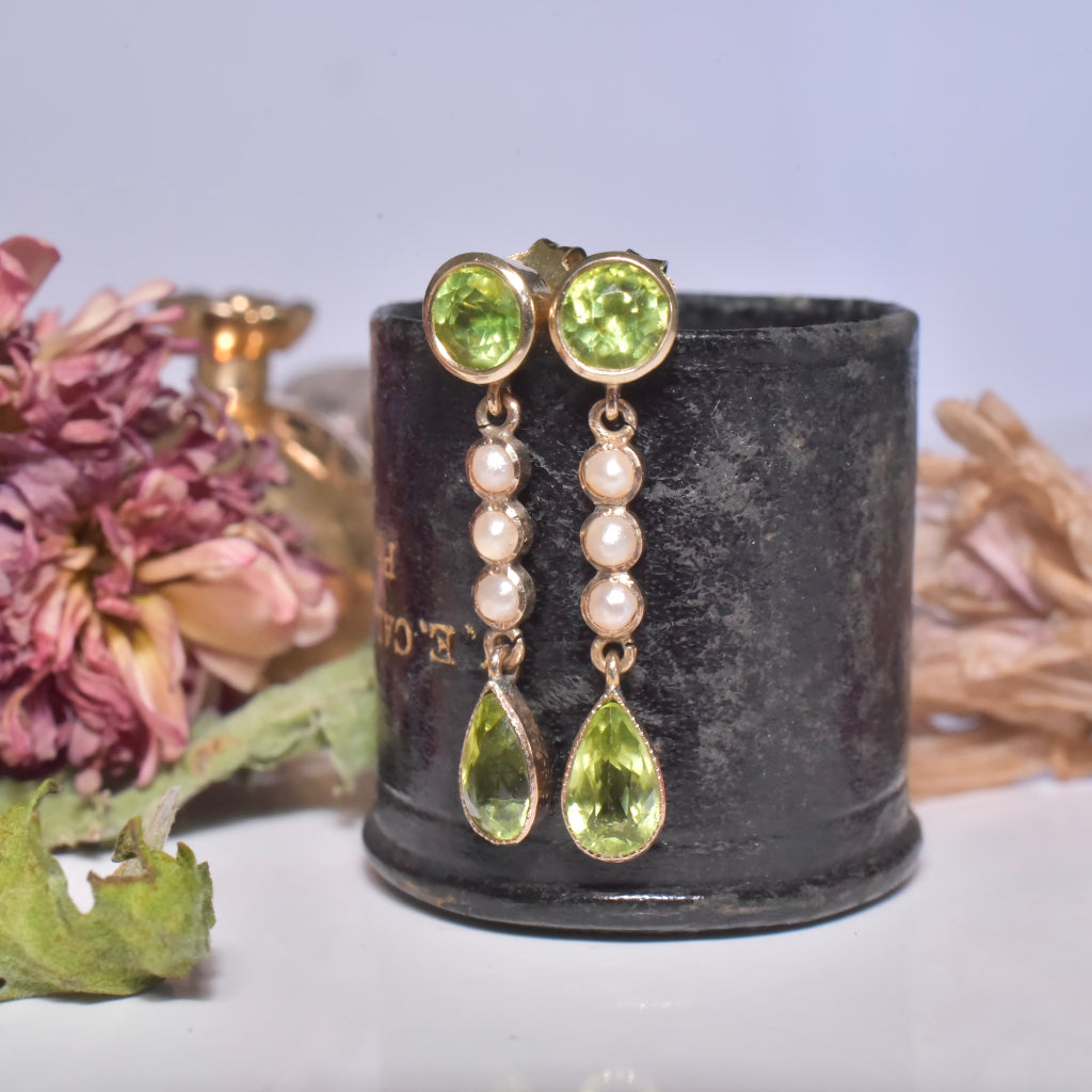 Antique Edwardian 9ct Rose Gold Peridot And Half Seed Pearl Earrings Circa 1910’s