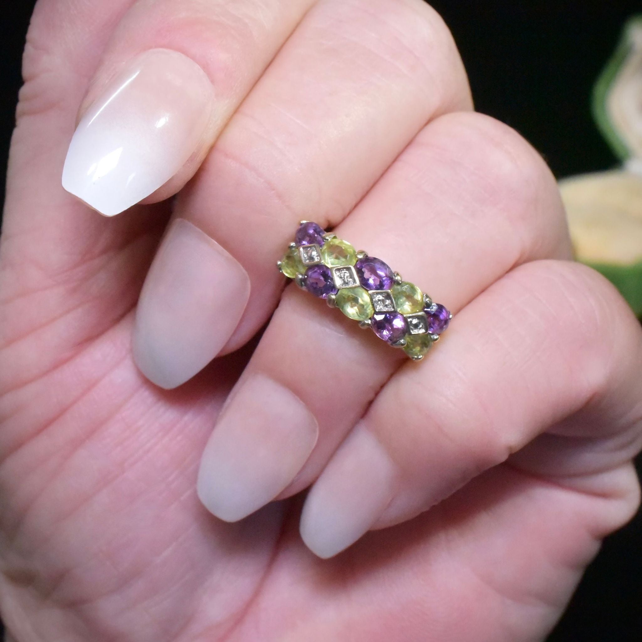 Vintage 9ct Yellow Gold Amethyst And Peridot Ring