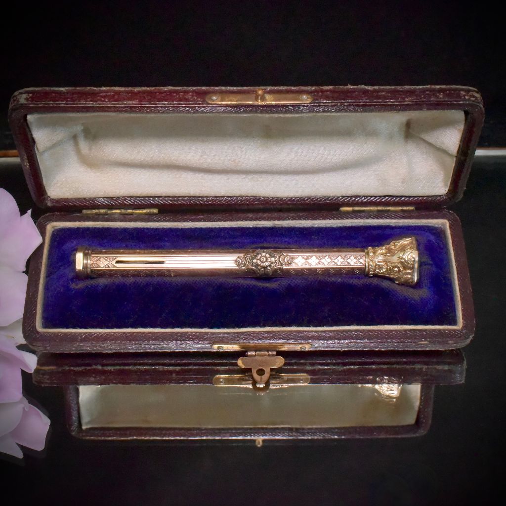 Antique Victorian 9ct Gold And Bloodstone Double Propelling Nib Pen And Propelling Pencil Circa 1880 (Original case included)