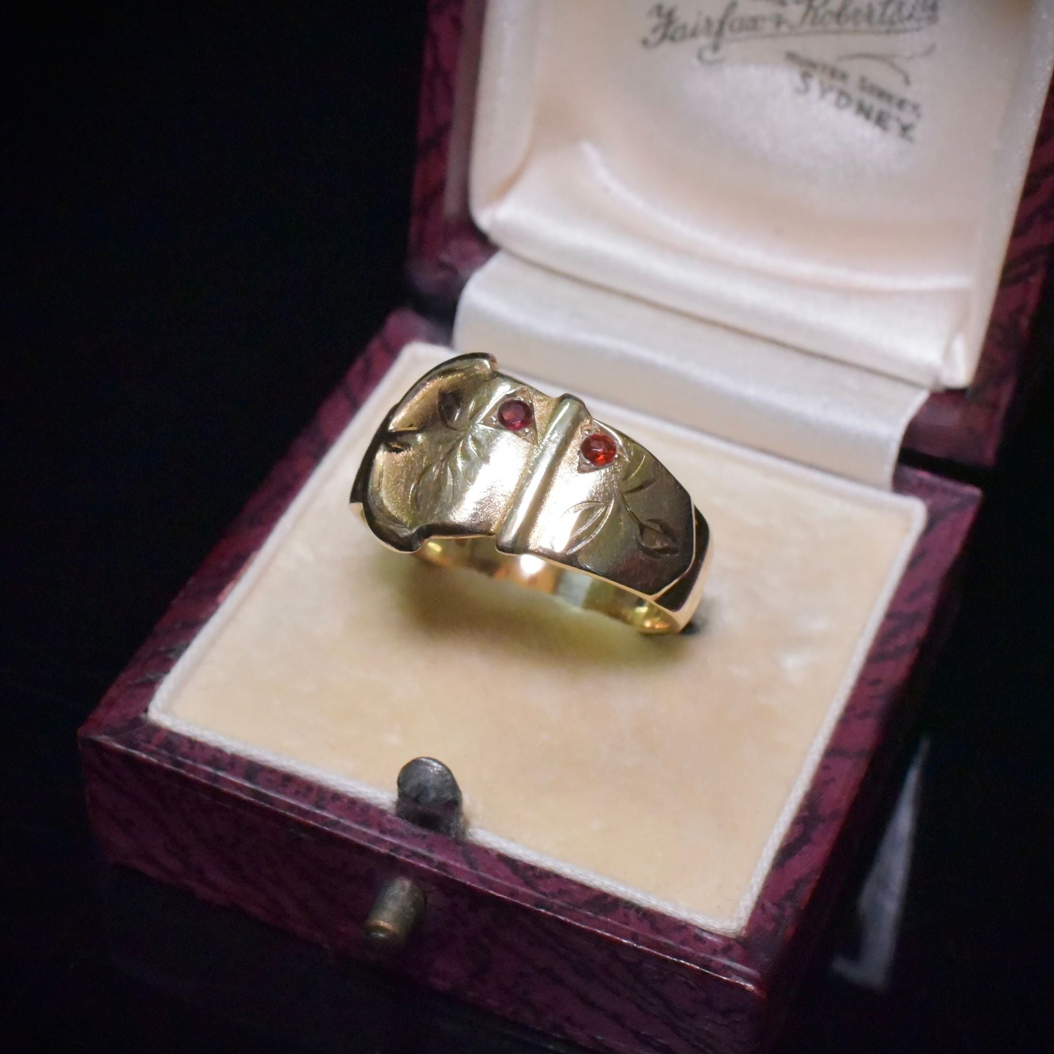 Vintage 9ct Yellow Gold And Garnet ‘Art Nouveau Style’ Buckle Ring - by Charles Lyster &Sons Birmingham 1967