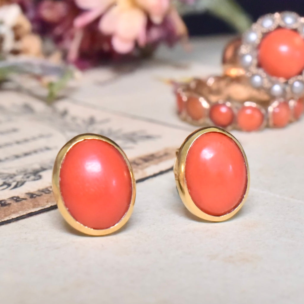 Vintage 18ct And 14ct Yellow Gold Red Coral Earrings