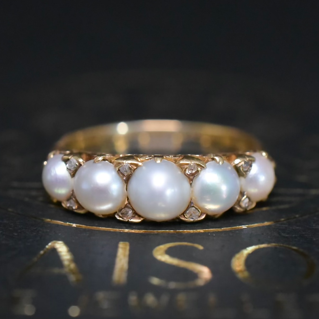 Antique 18ct Yellow Gold Natural Half Pearl and Diamond Half Hoop - Circa 1910