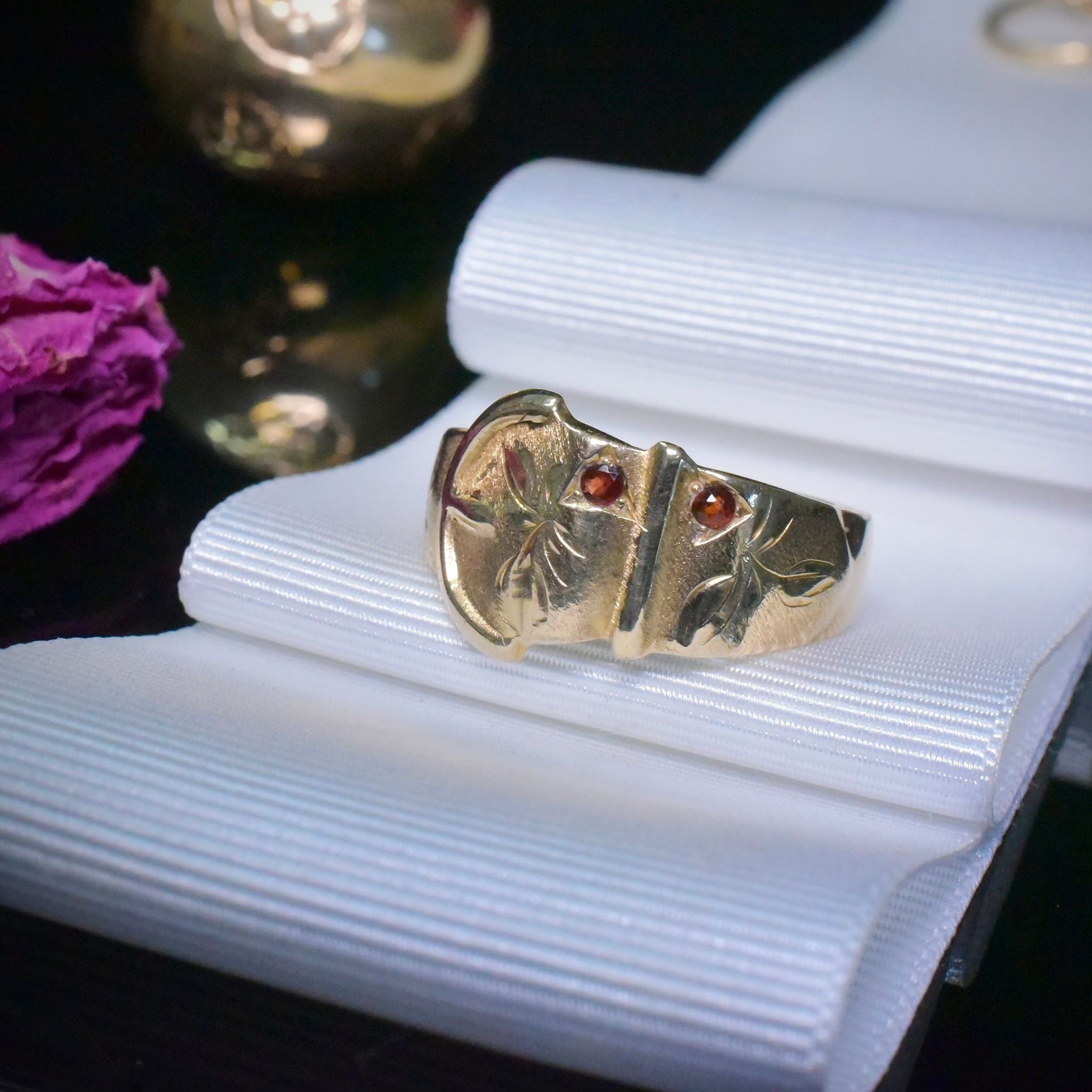 Vintage 9ct Yellow Gold And Garnet ‘Art Nouveau Style’ Buckle Ring - by Charles Lyster &Sons Birmingham 1967