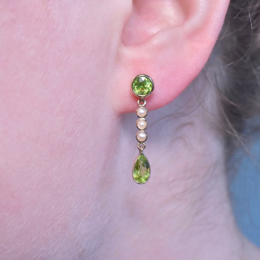 Antique Edwardian 9ct Rose Gold Peridot And Half Seed Pearl Earrings Circa 1910’s