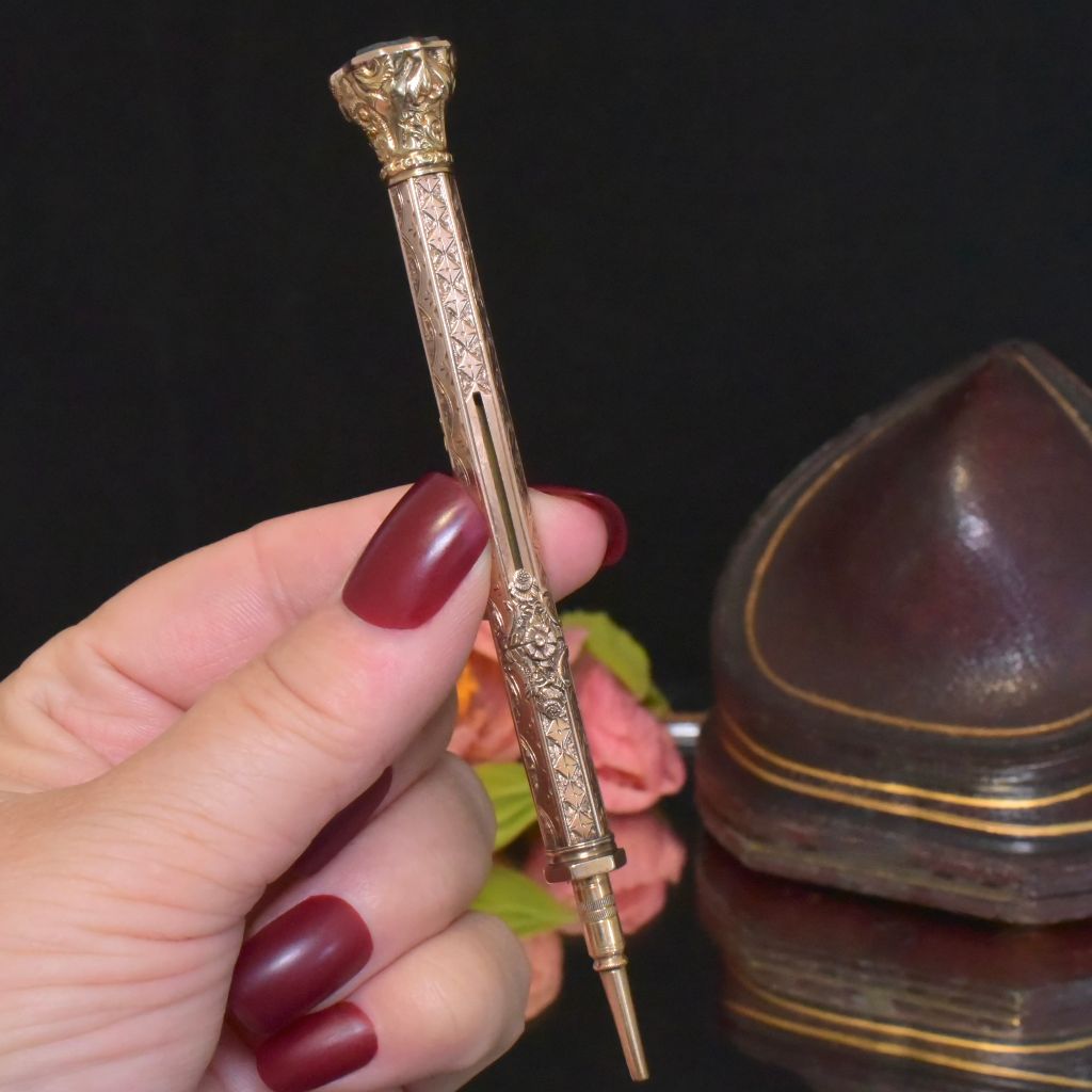 Antique Victorian 9ct Gold And Bloodstone Double Propelling Nib Pen And Propelling Pencil Circa 1880 (Original case included)