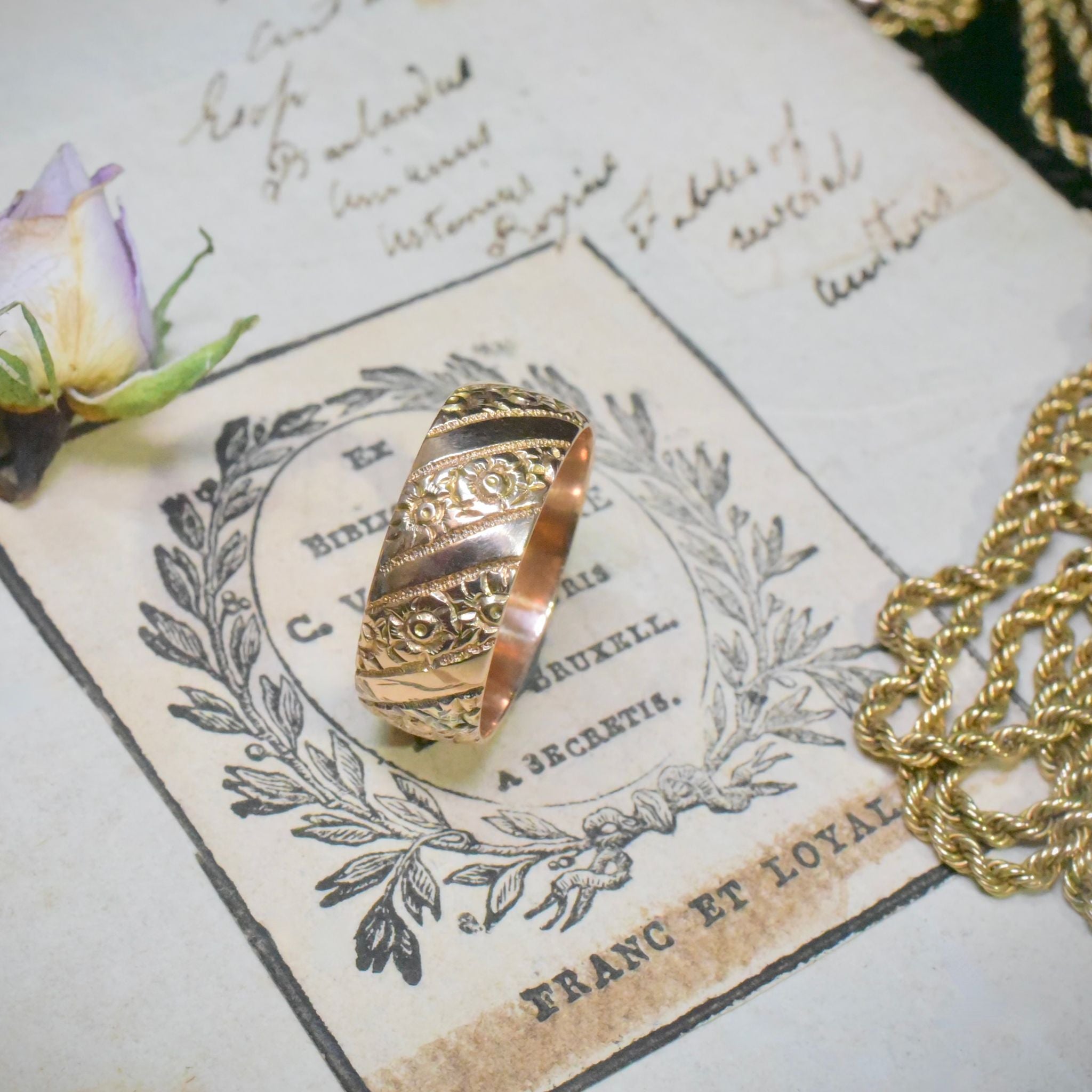 Antique Edwardian 9ct Rose Gold Floral Band - London 1909