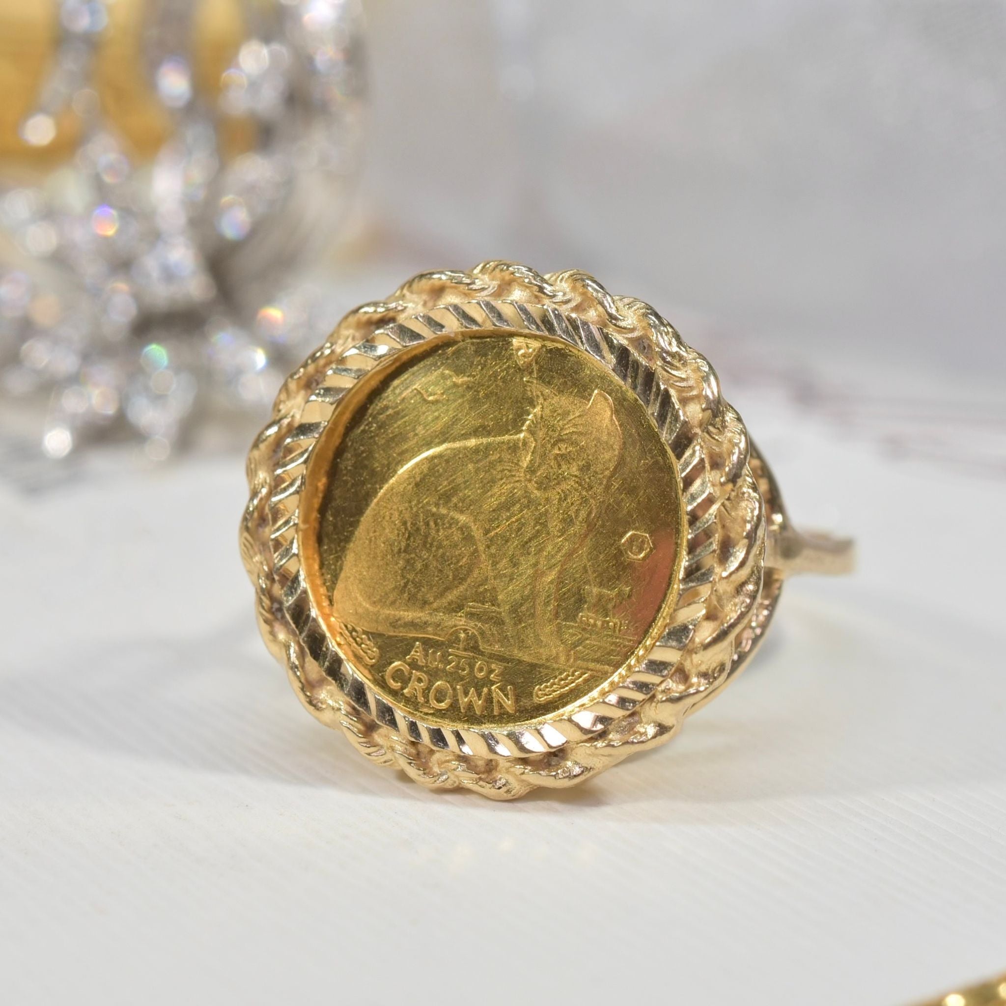 Stunning 24ct Gold 1990 Isle of Man ‘Alley Cat’ 1/25 Oz Crown Elizabeth II 9ct Gold Ring