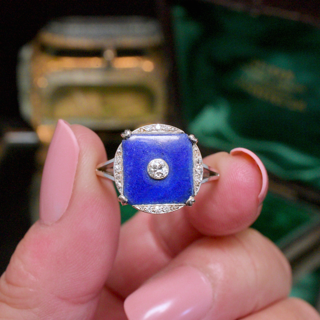 Antique Art Deco 18ct White Gold Diamond & Lapis Lazuli Ring Circa 1930