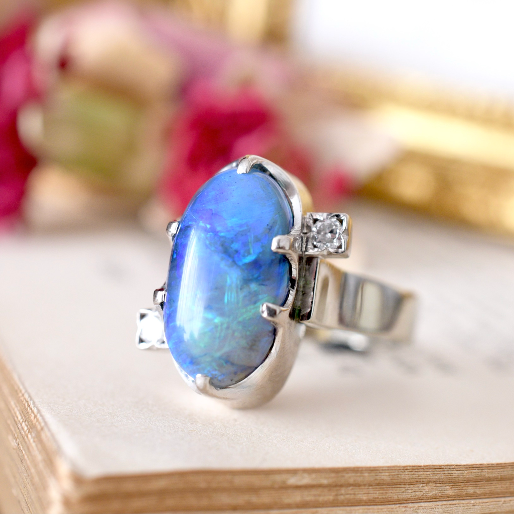 Modern Australian 18ct White Gold And Palladium Solid Black Opal And Diamond Ring 3.0cts Independent Valuation Included For $7,500 AUD