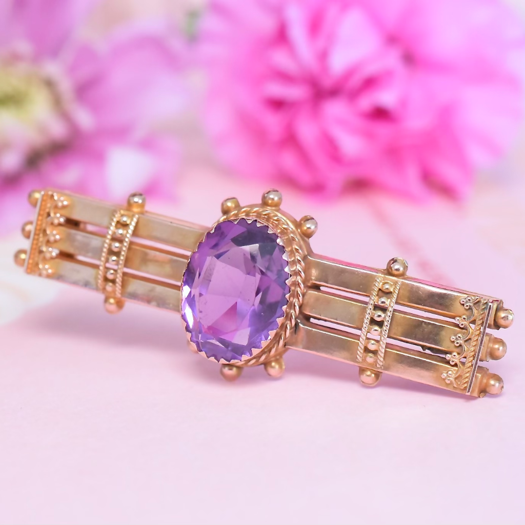 Antique Victorian 9ct Rose Gold And Amethyst Bar Brooch Circa 1890-1900