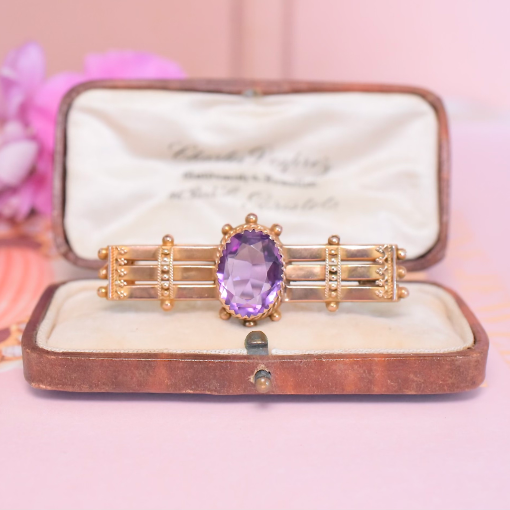 Antique Victorian 9ct Rose Gold And Amethyst Bar Brooch Circa 1890-1900