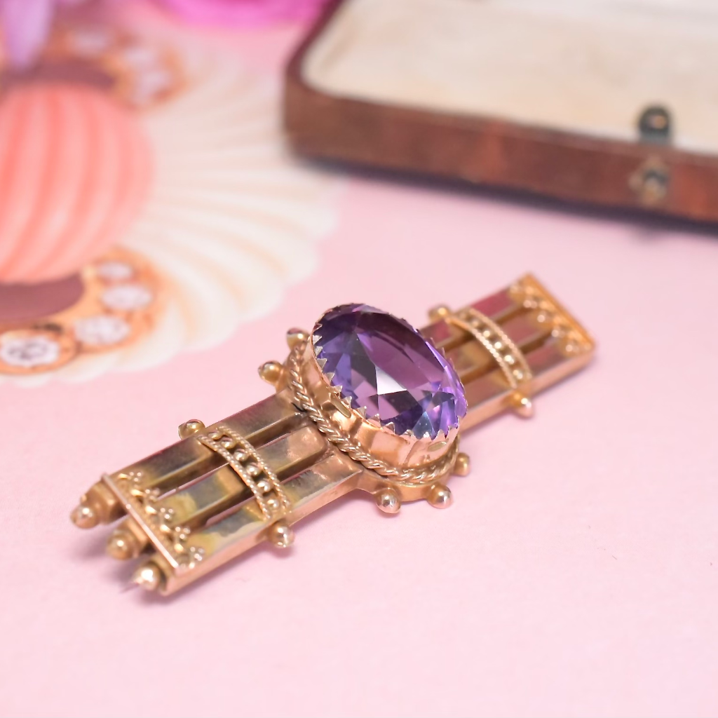 Antique Victorian 9ct Rose Gold And Amethyst Bar Brooch Circa 1890-1900