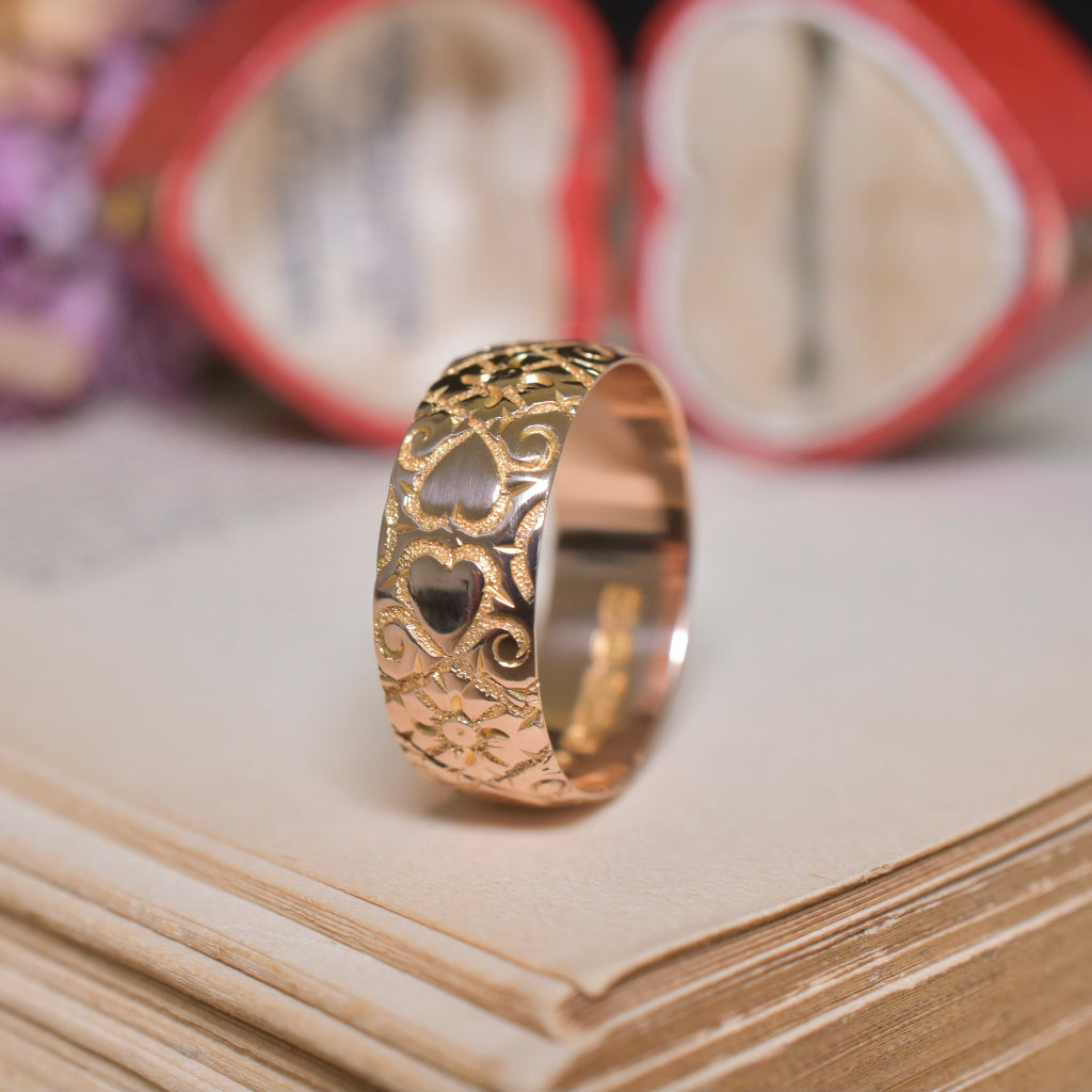 Antique Edwardian Wide 9ct Rose Gold ‘Heart’ Ring By Kinsey Brothers & Patrick - Birmingham 1907