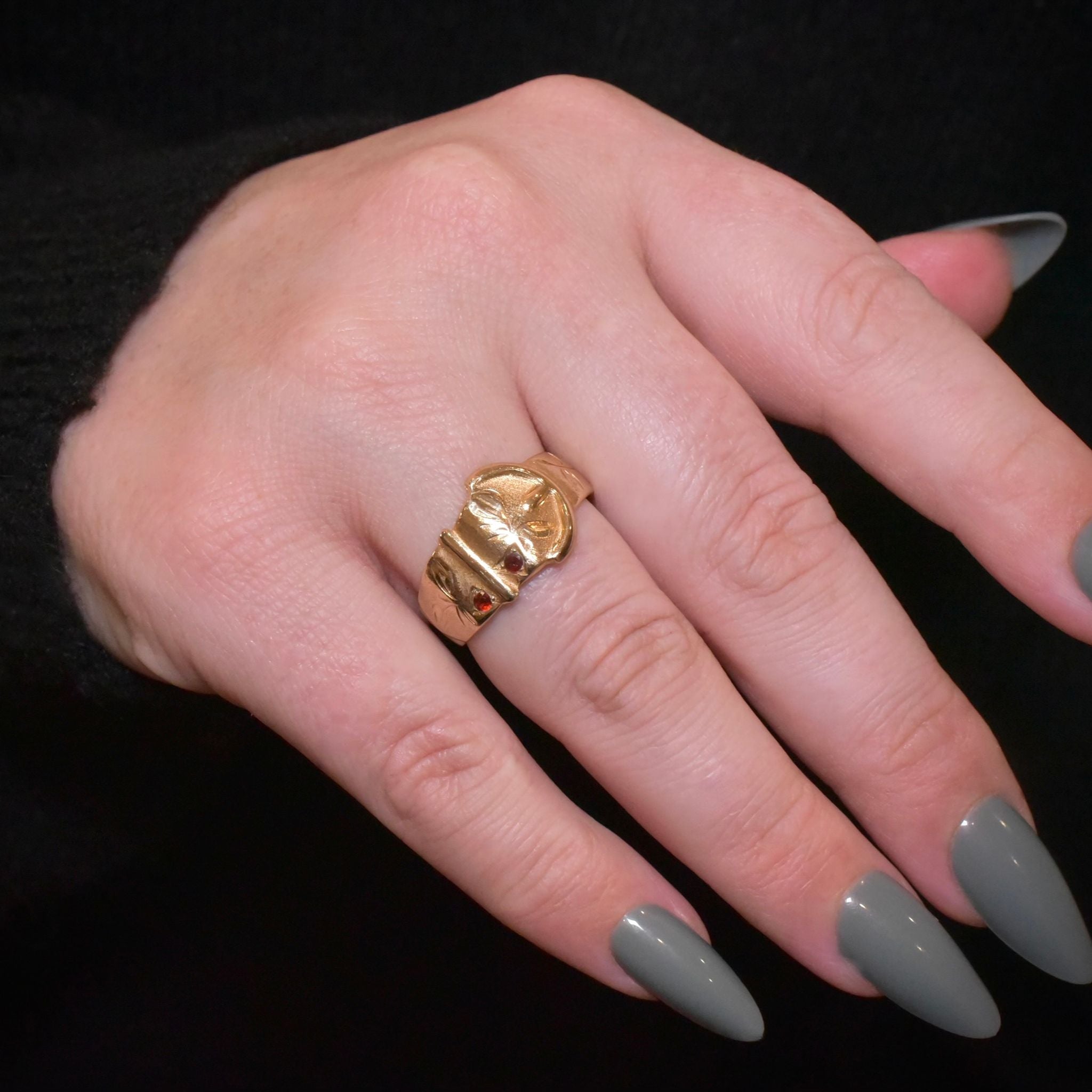Vintage 9ct Yellow Gold And Garnet ‘Art Nouveau Style’ Buckle Ring - by Charles Lyster &Sons Birmingham 1967