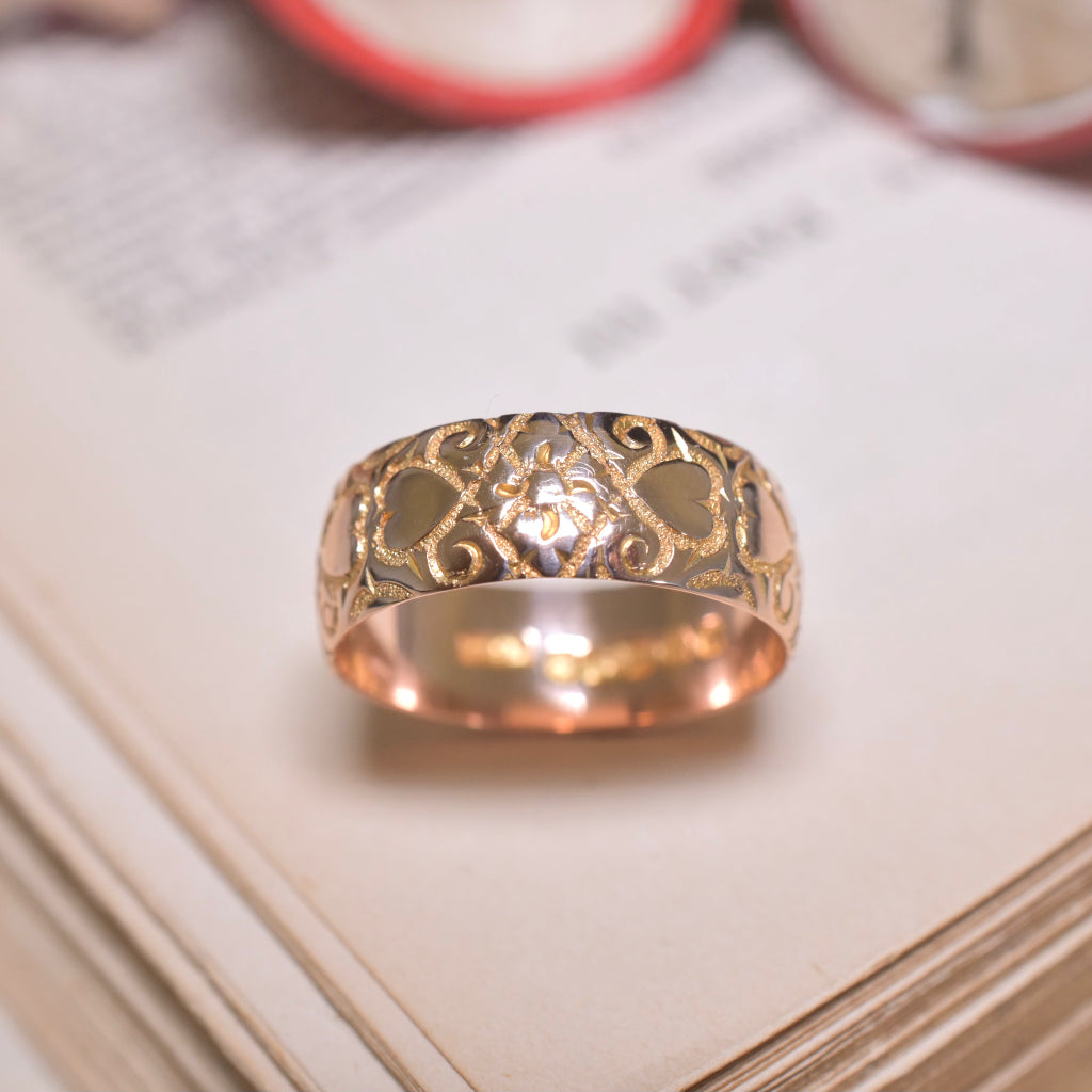 Antique Edwardian Wide 9ct Rose Gold ‘Heart’ Ring By Kinsey Brothers & Patrick - Birmingham 1907