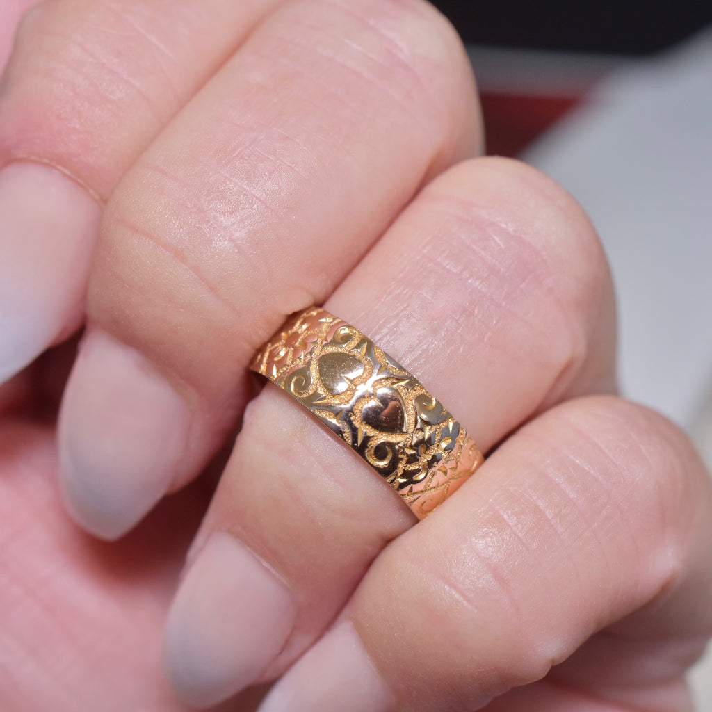 Antique Edwardian Wide 9ct Rose Gold ‘Heart’ Ring By Kinsey Brothers & Patrick - Birmingham 1907