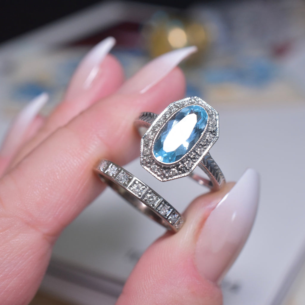 Modern 9ct White Gold Art Deco Style Blue Topaz And Diamond Ring