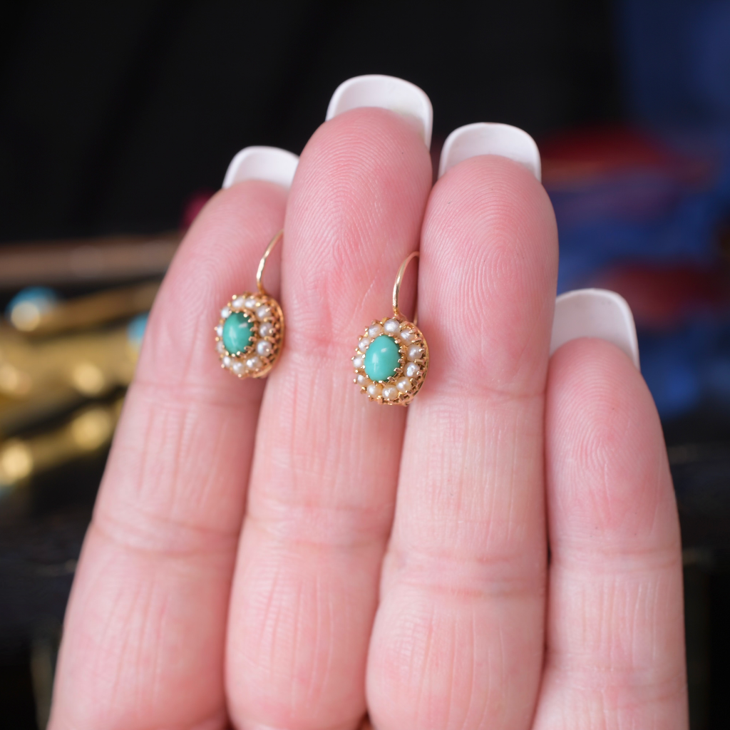 Antique 15ct Rose Gold Turquoise And Seed Pearl Earrings Circa 1900