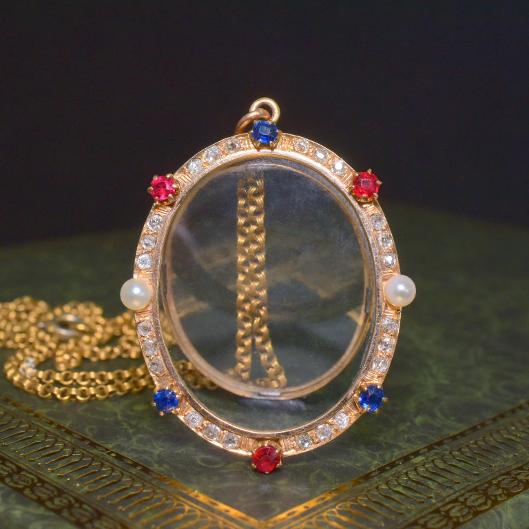 Antique Edwardian 15ct Rose Gold Sapphire, Rubellite Tourmaline, Pearl Locket Circa 1900-1910