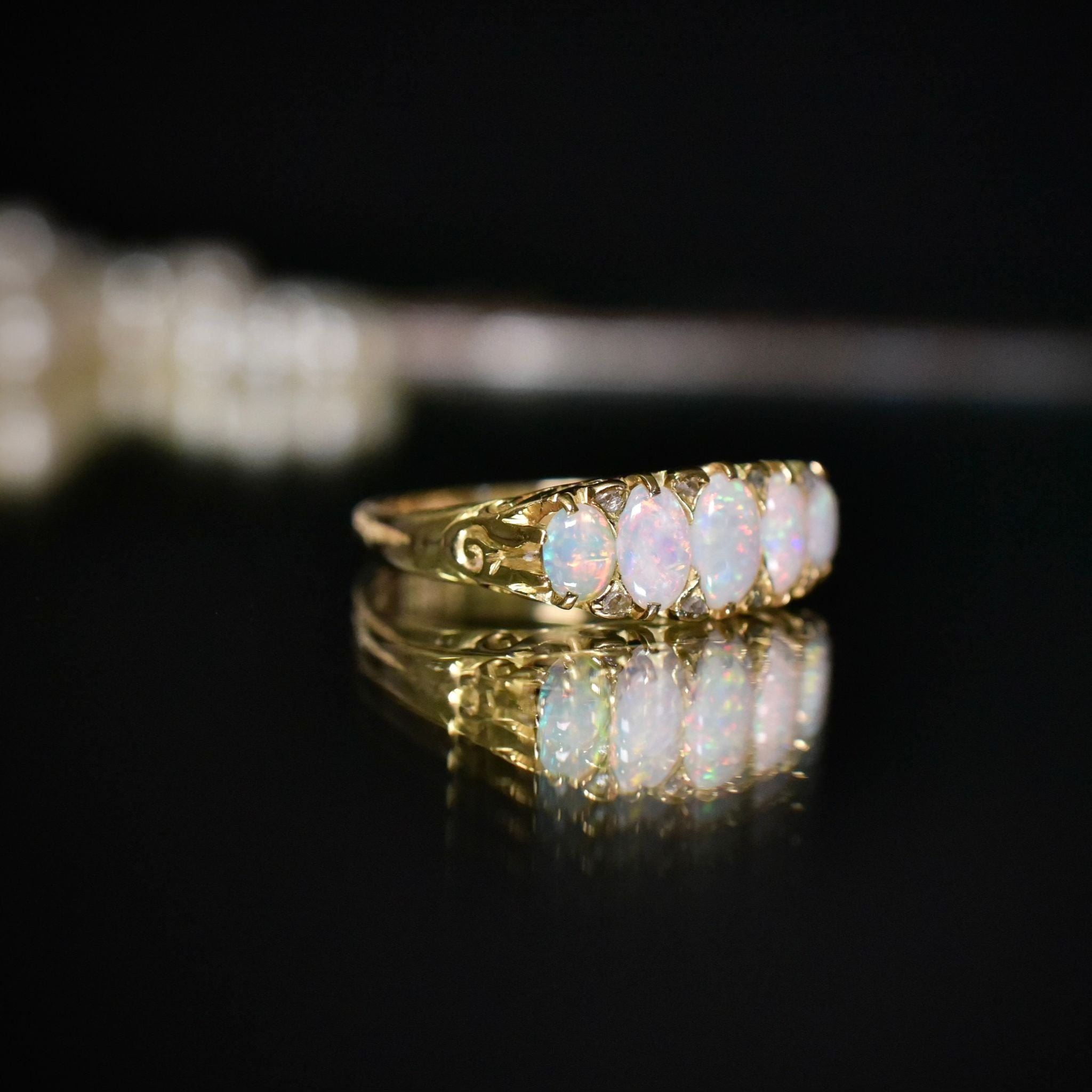 Superb Antique Victorian/Early Edwardian 18ct Yellow Gold Opal And Diamond ‘Half Hoop’ Ring Circa 1900
