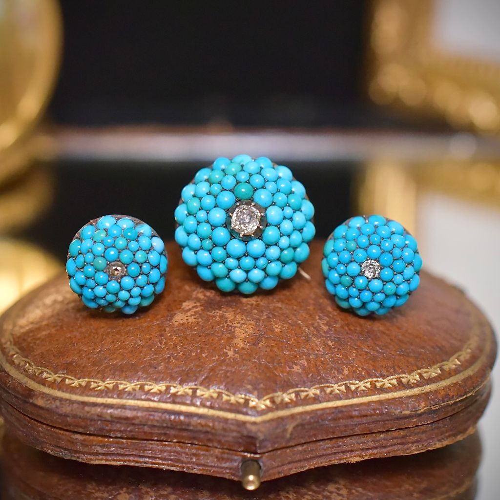 Antique Victorian 9ct Rose Gold Persian Turquoise And Diamond ‘Bombe’ Earrings And Brooch