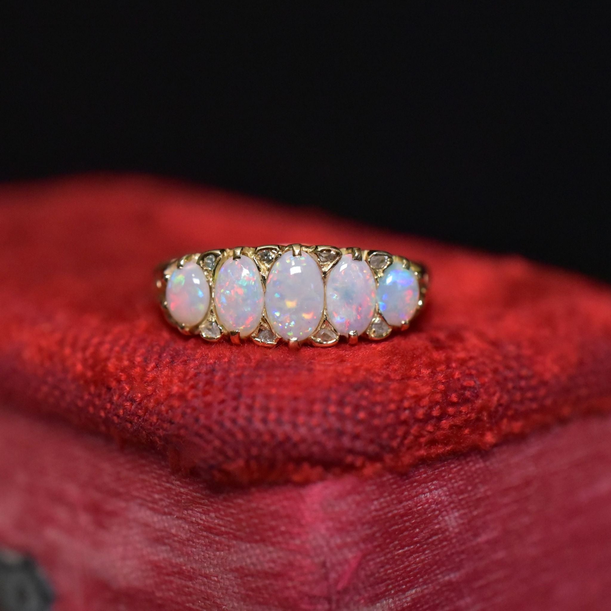 Superb Antique Victorian/Early Edwardian 18ct Yellow Gold Opal And Diamond ‘Half Hoop’ Ring Circa 1900