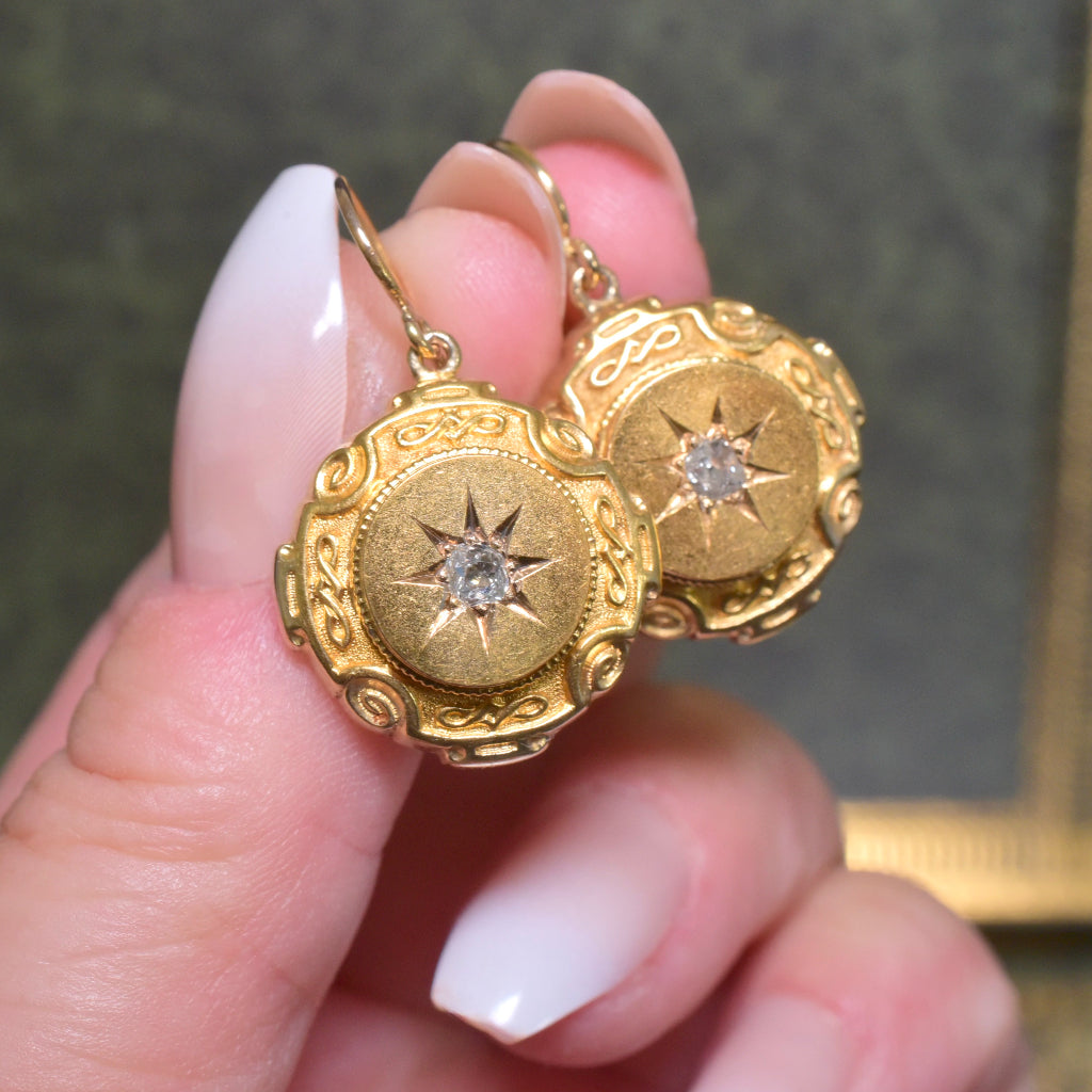 Antique Victorian 15ct Yellow Gold And Diamond Etruscan Revival Earrings - Circa 1880-90