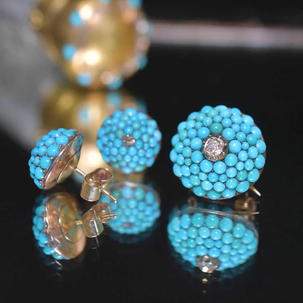 Antique Victorian 9ct Rose Gold Persian Turquoise And Diamond ‘Bombe’ Earrings And Brooch