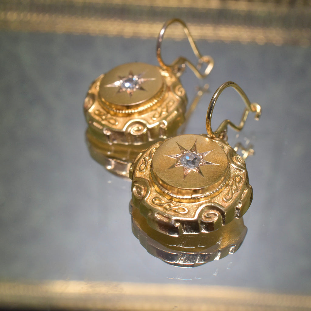 Antique Victorian 15ct Yellow Gold And Diamond Etruscan Revival Earrings - Circa 1880-90