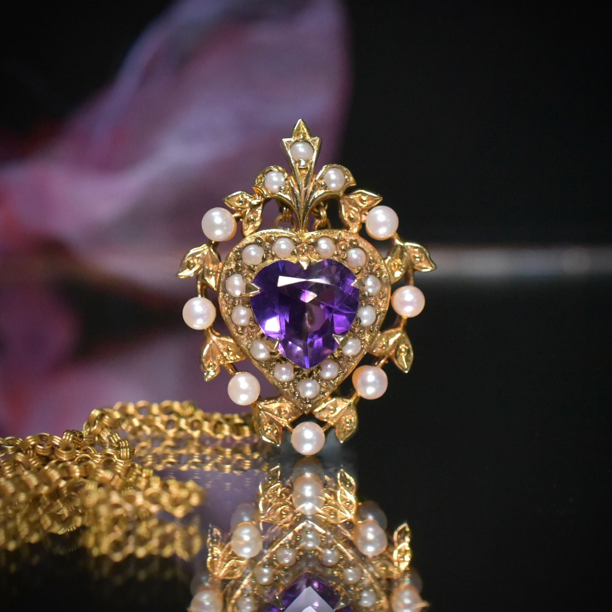 Stunning Vintage 9ct Yellow Gold Heart-Cut Amethyst And Pearl Pendant - London 1976