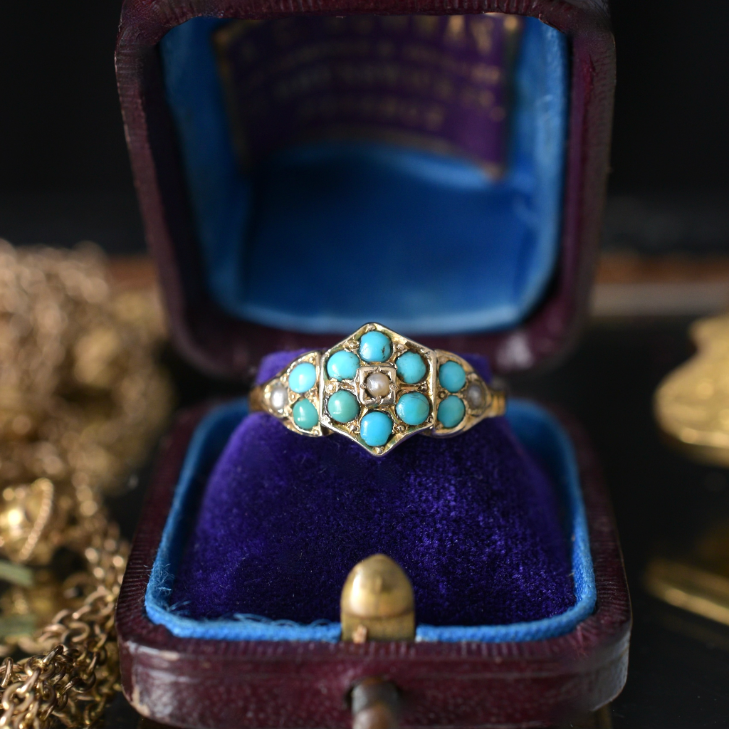 Antique Victorian 9ct Yellow Gold Turquoise And Seed Pearl Ring - 1891