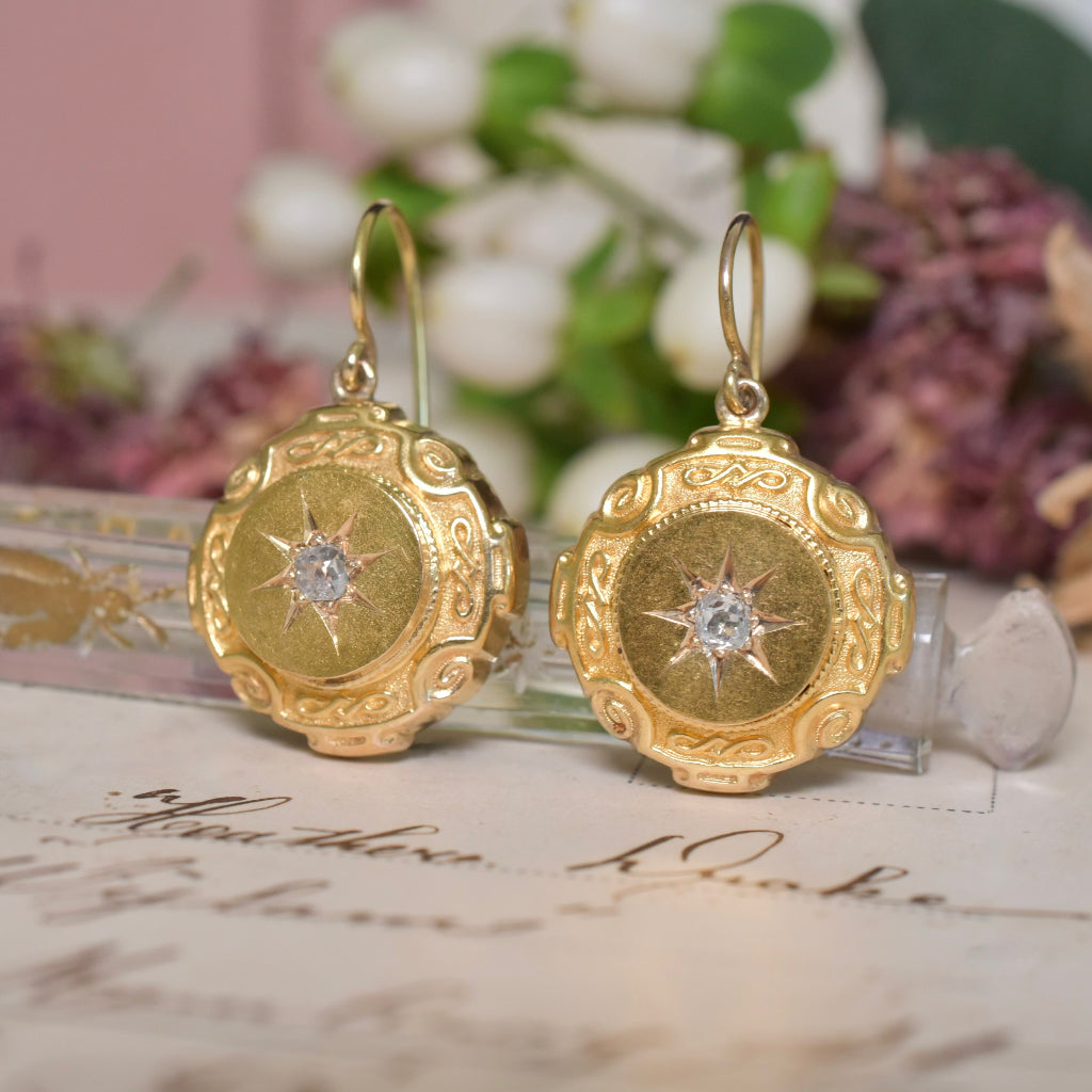 Antique Victorian 15ct Yellow Gold And Diamond Etruscan Revival Earrings - Circa 1880-90