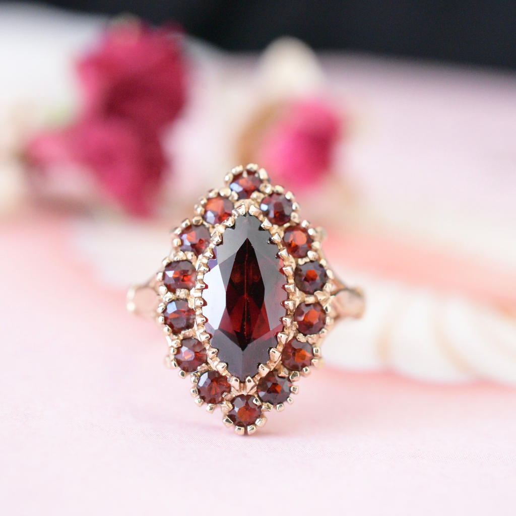 Contemporary 9ct Yellow Gold And Garnet Navette Ring - London 1991