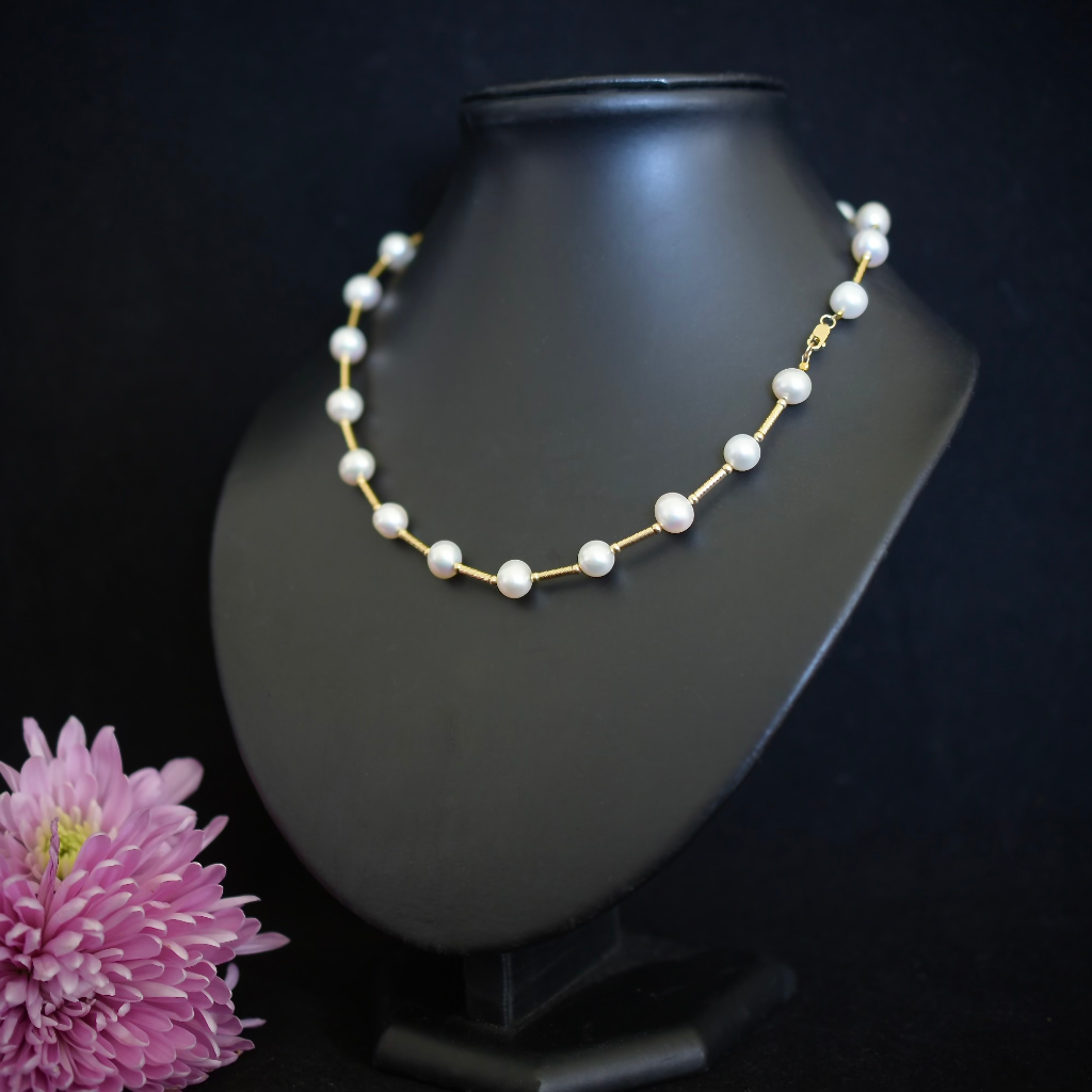 Modern 14ct Yellow Gold And Freshwater Pearl Necklace