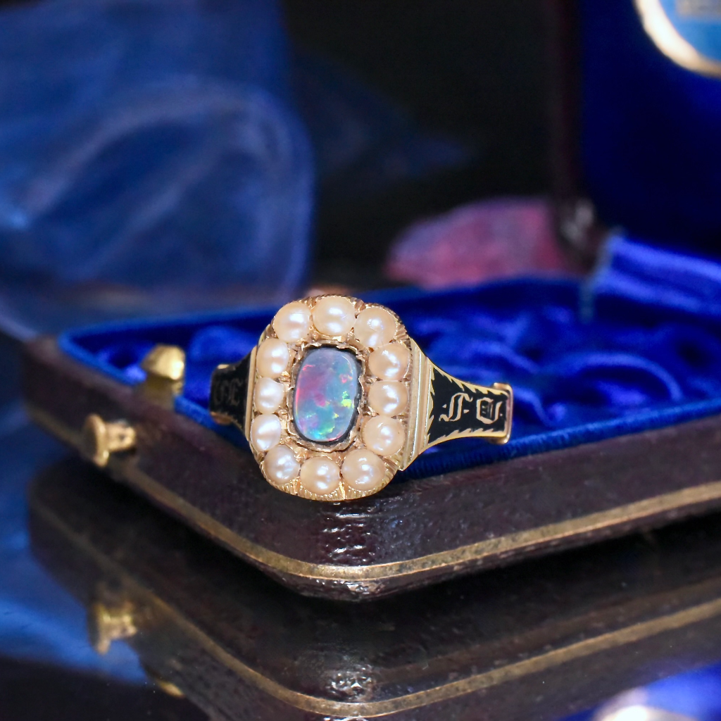 Antique Early Victorian 18ct Gold Pearl And Opal (Doublet) Enamel ‘In Memory Of’ Ring - 1839